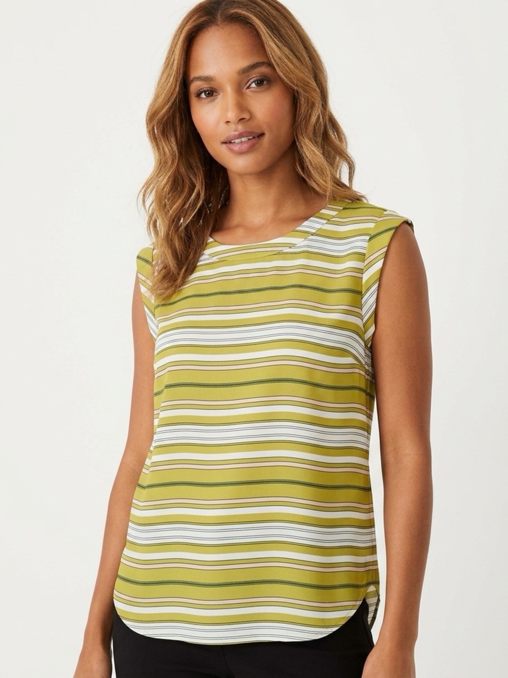 Ann Taylor Factory Olive & White Striped Cap-Sleeve Top